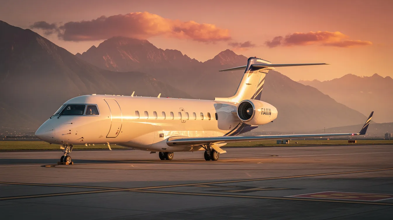 A sleek private jet is parked on the tarmac during the golden hour, with majestic mountains in the background, highlighting the allure of private aviation. This scene evokes thoughts of the substantial operating costs associated with private jet ownership, including fixed costs like hangar fees and variable costs such as fuel expenses and crew salaries.