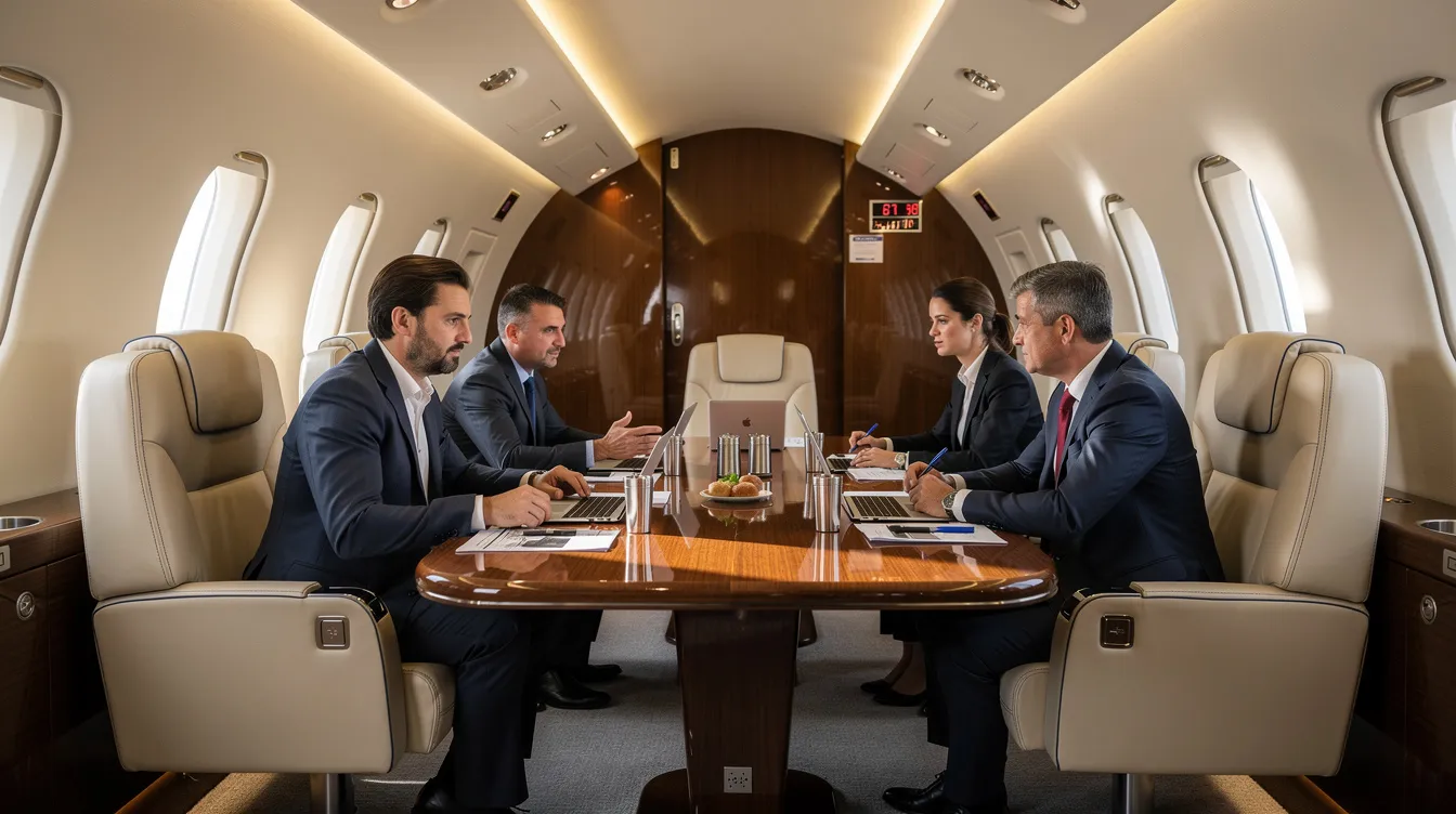 A group of business professionals is seated around a sleek, modern table inside a luxurious private aircraft cabin, emphasizing the benefits of private aviation for business trips. The setting showcases the unparalleled convenience of private jet travel, allowing for focused discussions away from the distractions of commercial airlines and crowded airports.