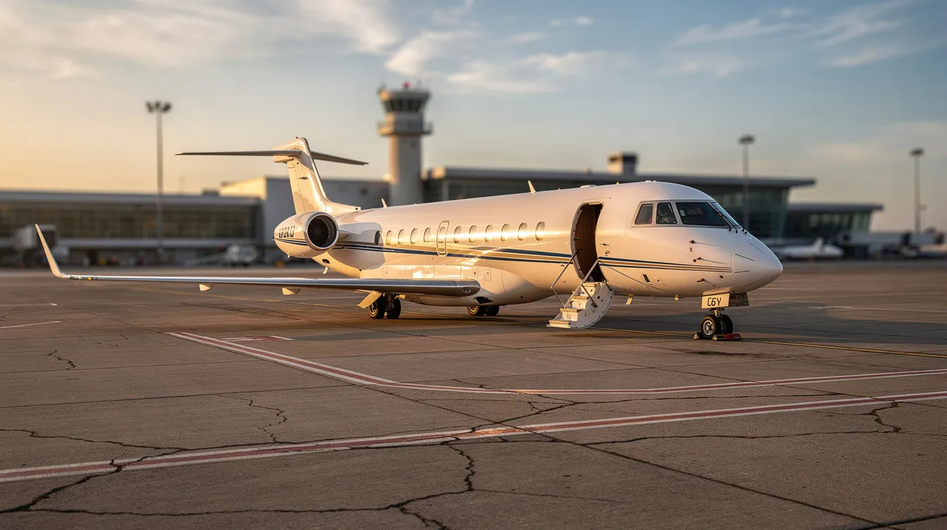 A sleek corporate jet is parked on the tarmac, highlighting the advantages of private jet travel for business executives. This private aircraft offers a cost-effective solution for business trips, allowing for direct flights to multiple cities while avoiding long security lines and delays associated with commercial flights.