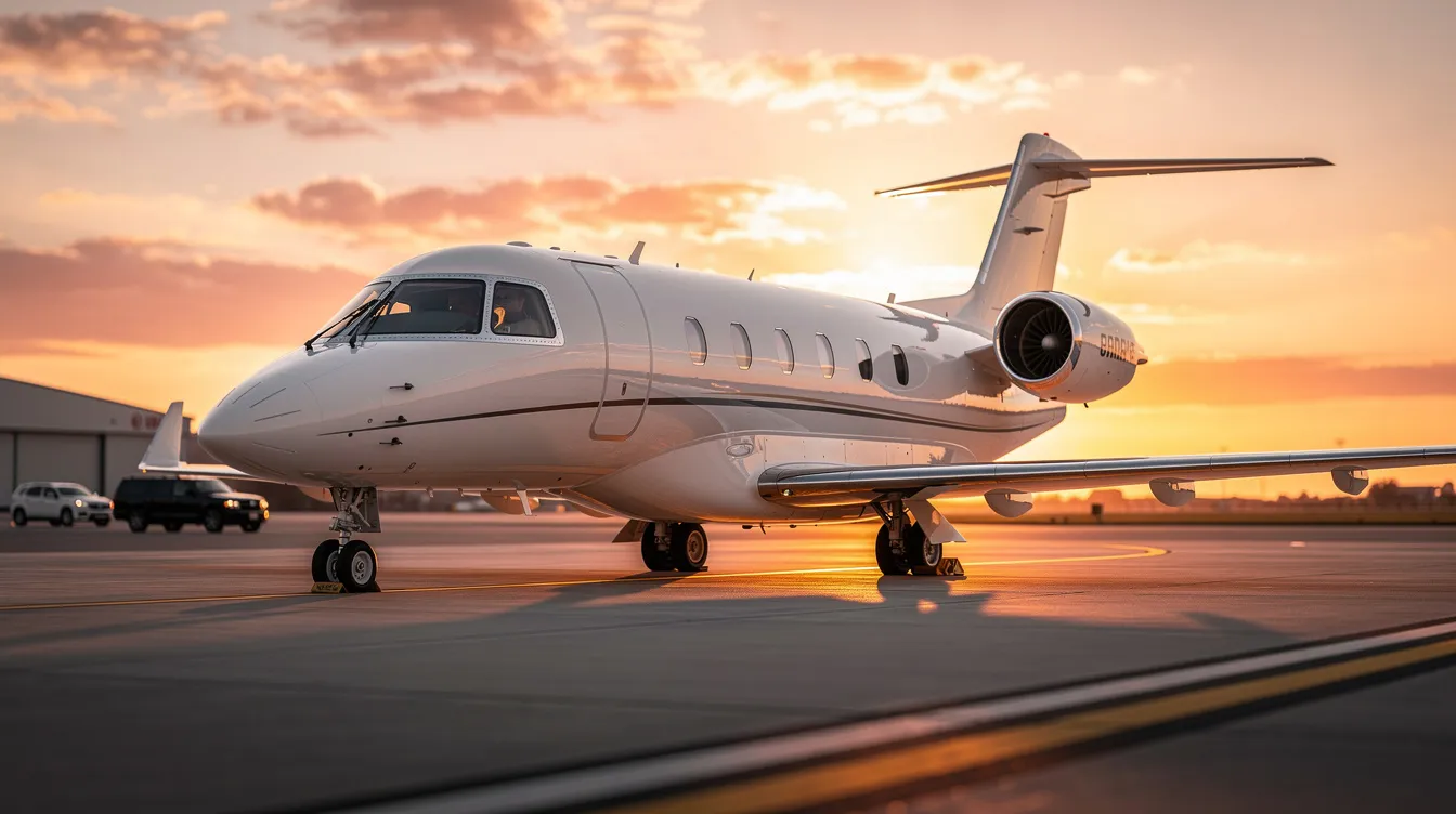 A sleek light jet is parked on a private aviation tarmac, illuminated by the warm hues of sunset. This scene captures the essence of private jet travel, showcasing the luxurious access to aircraft availability for business travelers and private flyers alike.