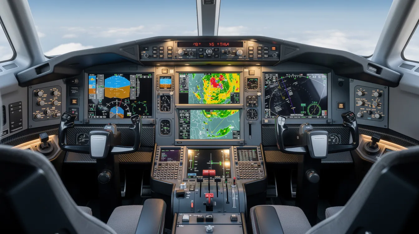 The image depicts a modern cockpit of a business jet, showcasing advanced avionics displays and weather radar systems designed for private aviation. This high-tech environment emphasizes the importance of private jet safety and operational efficiency for private jet pilots and passengers alike.
