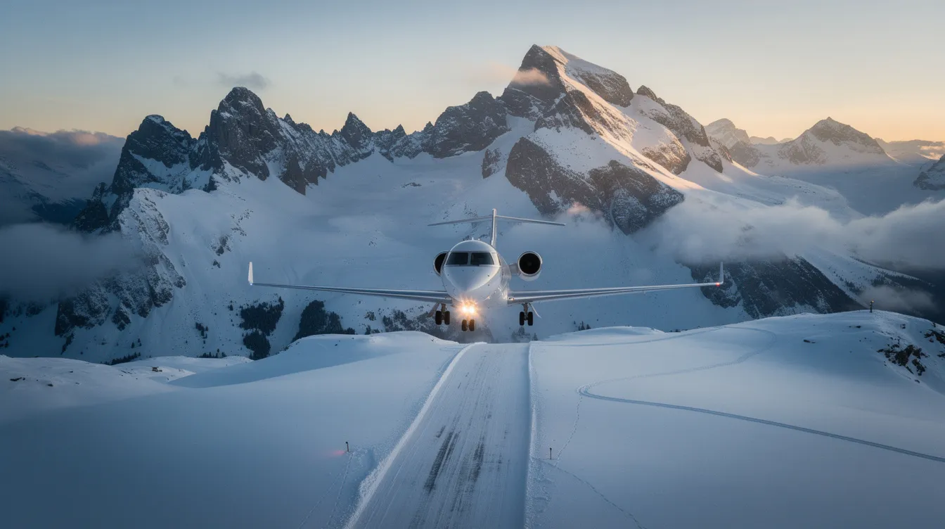 A private jet is seen approaching a snowy mountain runway, with dramatic peaks looming in the background, showcasing the beauty and challenges of private aviation. This image highlights the importance of private jet safety as pilots navigate adverse weather conditions while ensuring passenger safety during their flight.