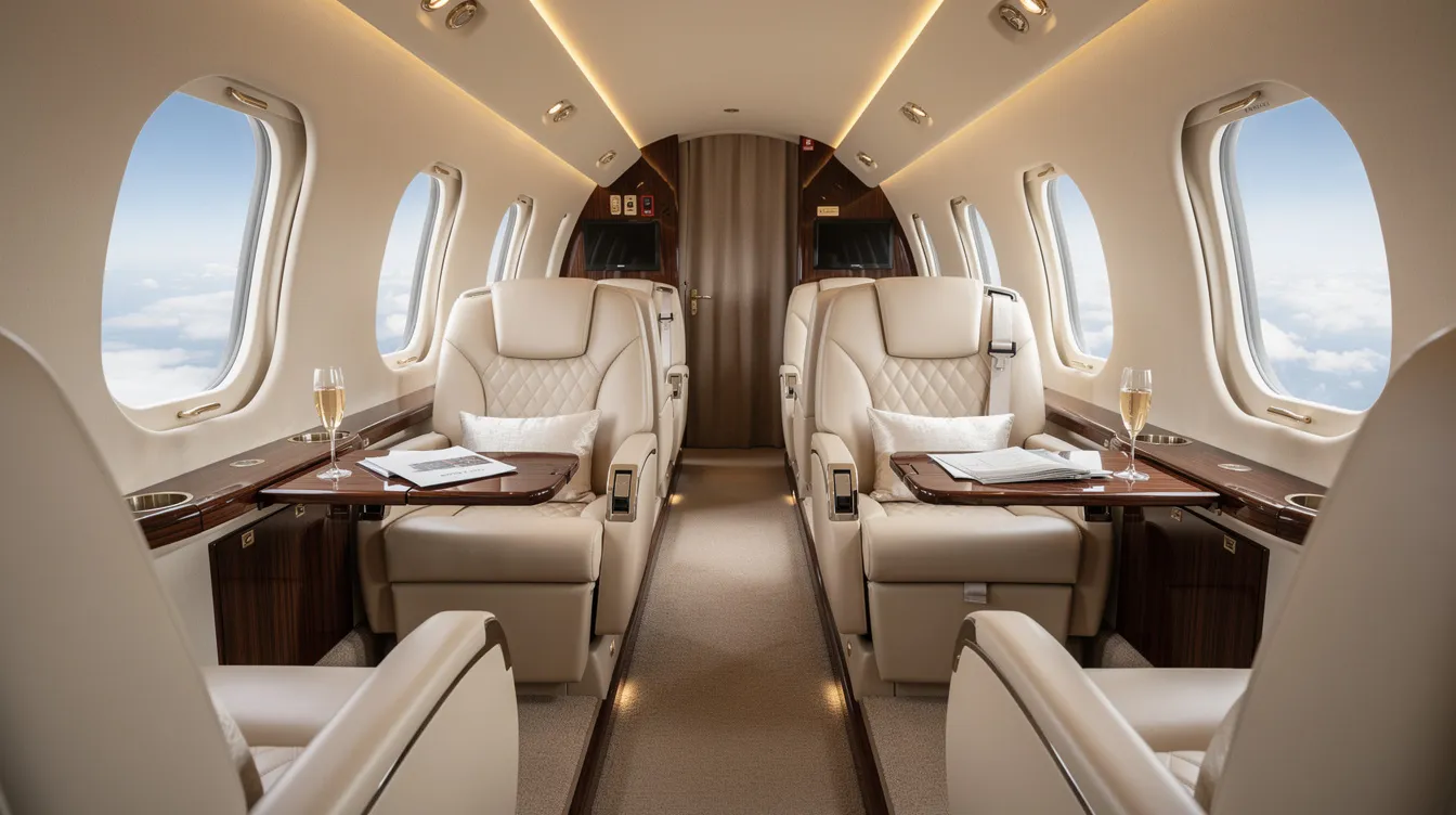 The interior of a luxury private jet features plush cream leather seats complemented by elegant wood accents, providing a sophisticated atmosphere for private travel. This exquisite cabin layout is designed for elite travelers seeking comfort and style in the private aviation sector.