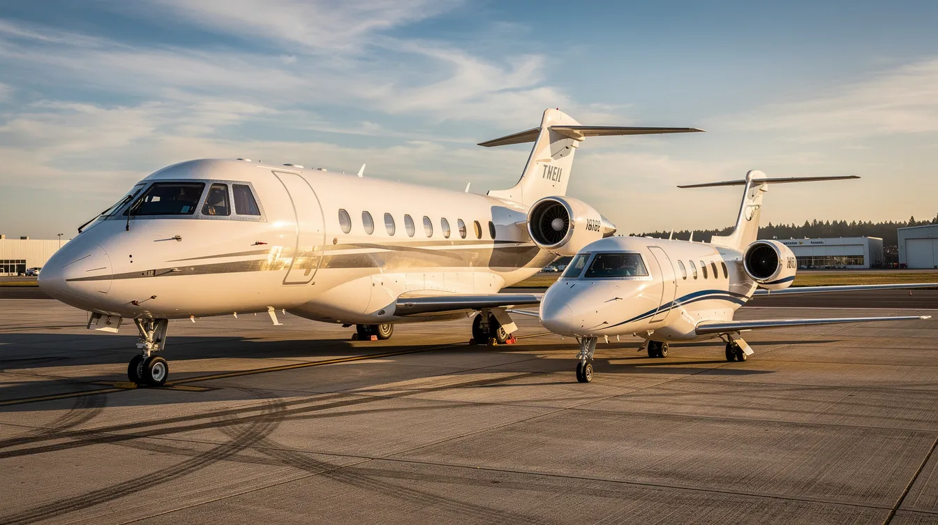 The image depicts two private jets of varying sizes parked side by side on a runway, showcasing the diversity in the private aviation sector. This scene highlights the options available for private flights, whether through fractional ownership programs or jet card memberships, catering to the needs of elite travelers.