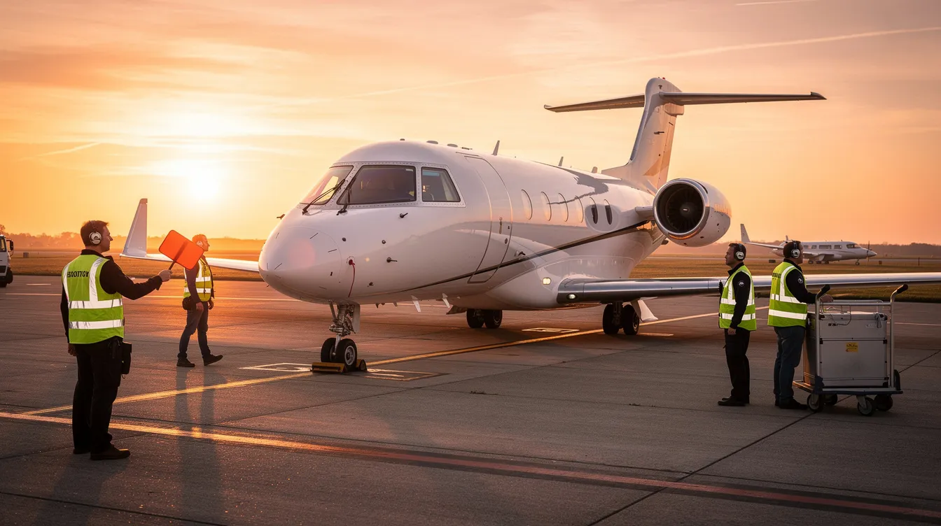 A private jet is parked on the tarmac at sunset, with a ground crew nearby preparing for departure. The scene captures the elegance of private aviation, highlighting the convenience of private flights and the dedicated service provided by private jet companies.