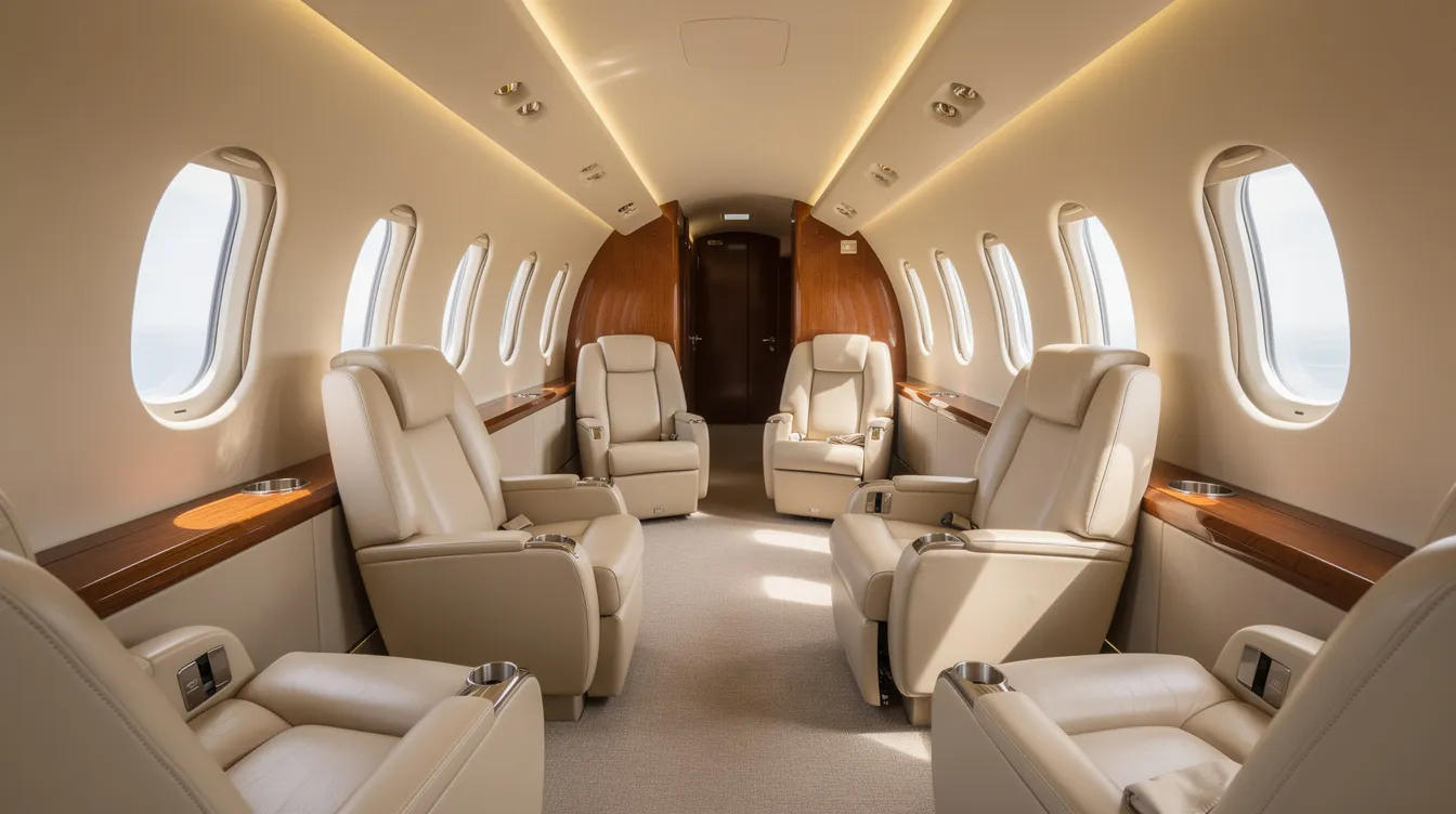 The image shows the elegant interior of a private jet cabin, featuring cream leather club seats arranged to face each other, complemented by large oval windows that provide a view of the sky. This luxurious setting exemplifies the comfort and style of private jet travel, ideal for first-time private flyers seeking an exceptional flight experience.