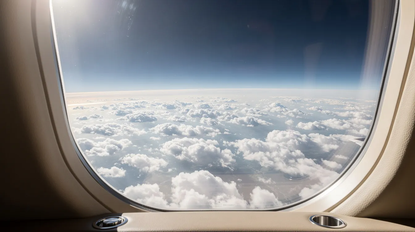 The image captures a stunning view from a private jet window, showcasing fluffy white clouds against a vibrant blue sky at high altitude, symbolizing the luxurious experience of private jet travel. This serene perspective is often part of a first private jet flight, offering a glimpse into the world of private aviation.