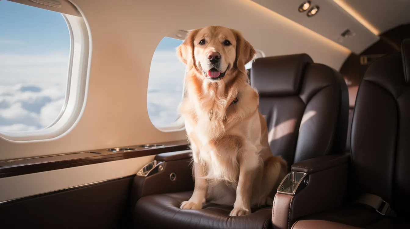 A golden retriever sits calmly on a luxurious leather seat inside a private jet cabin, showcasing a pet-friendly environment for animal companions during a private flight. The serene atmosphere indicates a stress-free travel experience for both the furry friend and their owners.