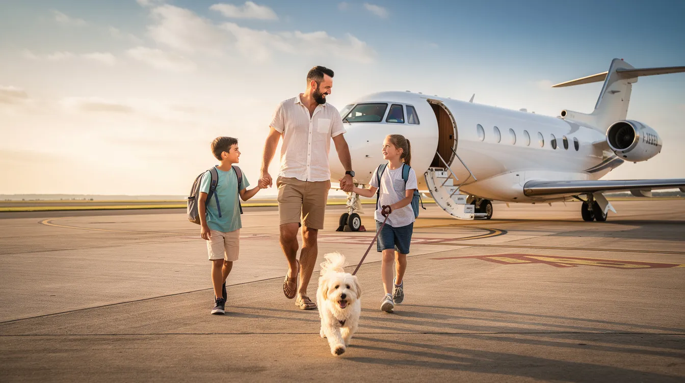 A happy family, including a small dog, walks towards a private jet on a sunny tarmac, showcasing the joy of pet-friendly private aviation. This scene highlights the ease of flying with pets and the comfort of private flights compared to commercial airlines.