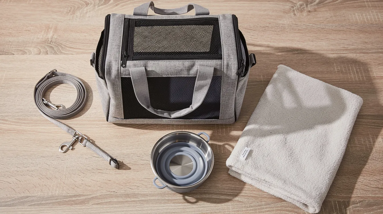 The image shows travel supplies for pet owners arranged on a table, including a pet carrier, leash, water bowl, and a familiar comfort blanket. These items are essential for ensuring a stress-free experience when flying with pets on a private jet or during air travel.
