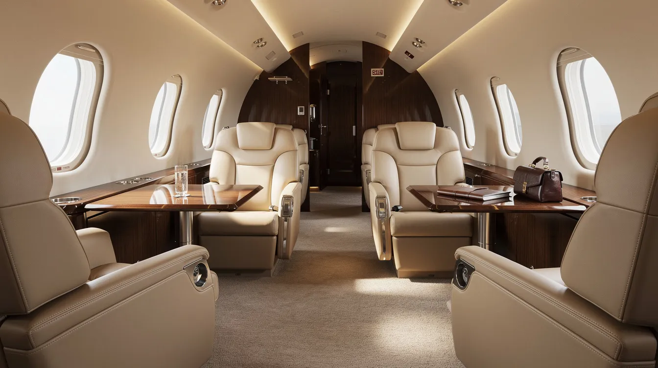 The image depicts the interior of a spacious private jet cabin, featuring luxurious leather seats designed for passenger comfort. The cabin also includes dedicated luggage compartments, providing ample storage space for personal items and sports equipment such as golf clubs, ensuring a stress-free experience during private jet travel.