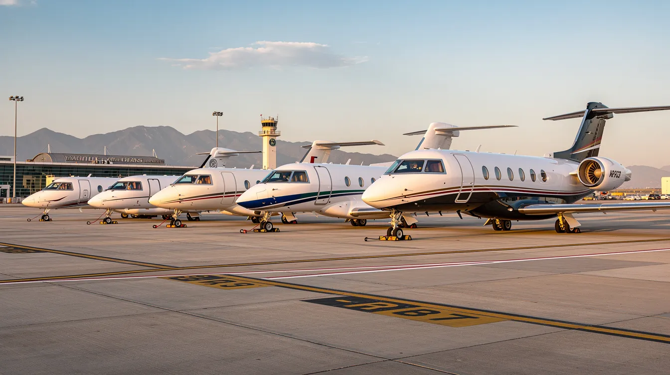 A row of various private jets, ranging from small light jets to larger heavy jets, is parked at an airport, showcasing the diversity of private aviation options available for business travelers and leisure travel. This image highlights the different aircraft sizes and types that can be chartered for private jet flights, unlike commercial airlines, offering personalized service and flexible schedules.