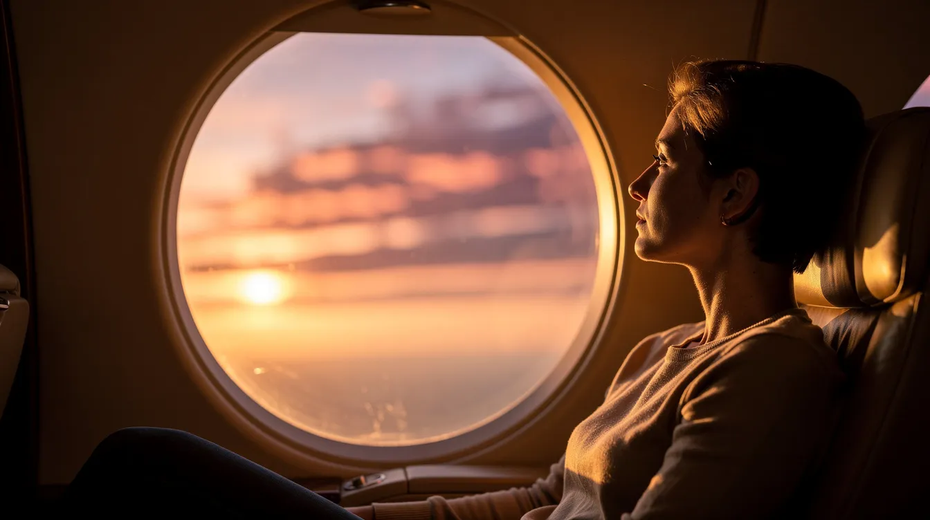 A calm passenger gazes out the window of a private jet, admiring the vibrant sunset as the aircraft cruises at a high altitude. This serene moment highlights the luxury of private flights, contrasting the often hectic atmosphere of busy airports and commercial aviation.