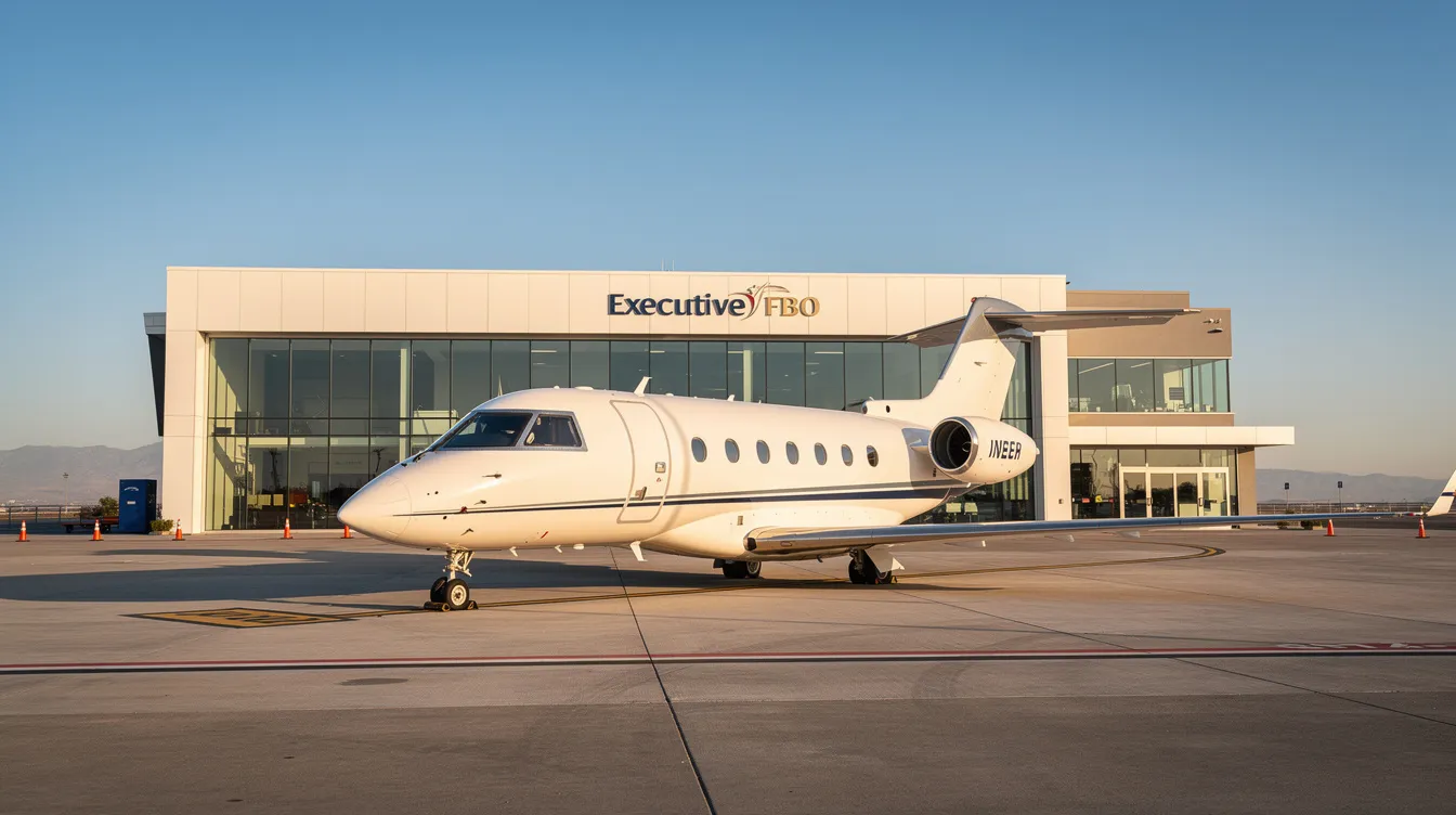 A private jet is parked on the tarmac at a fixed base operator terminal under clear skies, showcasing the luxury of private aviation amidst the operational hustle of busy airports. This scene highlights the convenience of private jet flights, which often avoid the flight delays and crowded conditions faced by commercial airlines.