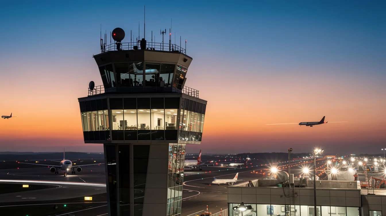 The image captures an air traffic control tower at dusk, illuminated by the soft glow of aircraft lights in the background, signifying the busy operations of private jet flights and commercial airlines at a major airport. The scene reflects the critical role of air traffic controllers in managing flight schedules and ensuring safe departures amidst potential weather-related delays.