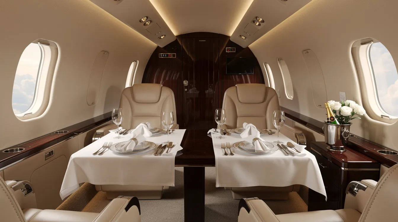 The image depicts the luxurious interior of a private jet cabin featuring plush leather seats and an elegantly prepared dining setup, showcasing the high-quality meals and gourmet options available through private jet catering services. This in-flight dining experience emphasizes visual appeal and caters to various dietary restrictions, ensuring a refined atmosphere for passengers on their private flights.