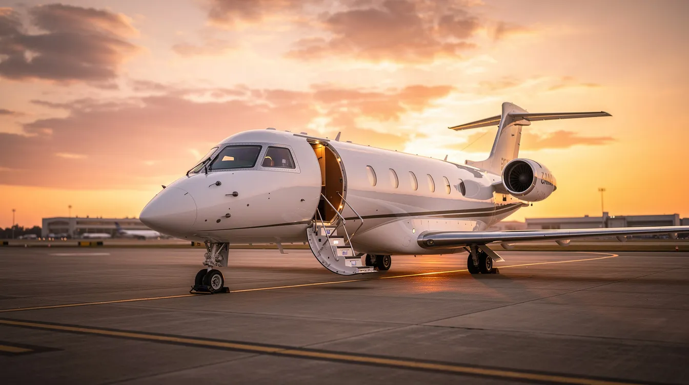 A small private jet is parked on the tarmac at sunset, with its door open and stairs extended, inviting passengers to board for a private flight. This scene captures the essence of private aviation, highlighting the convenience and luxury of traveling on a charter jet, including options like empty leg flights for cost-effective travel.