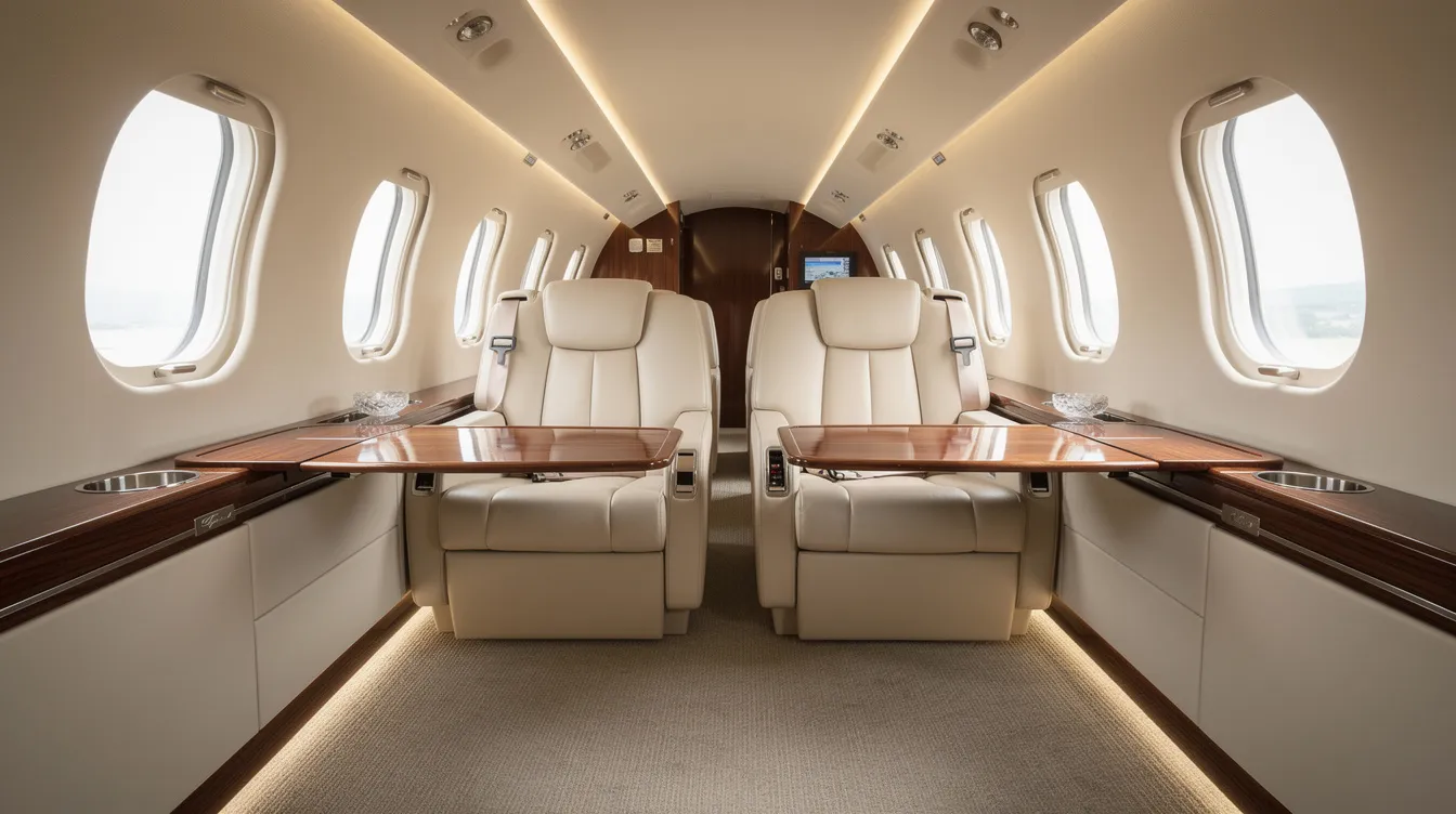 The image depicts the luxurious interior of a private jet cabin, featuring plush cream leather seats and elegant wood trim, offering a glimpse into the comfort and style of private aviation. This setting is ideal for those considering empty leg flights or private jet travel, providing a serene environment for passengers.