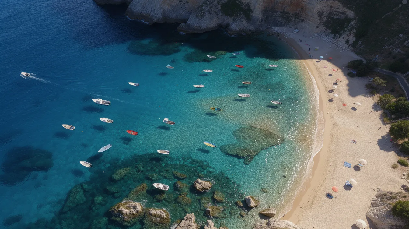 An aerial view showcases the stunning Mediterranean coastline, featuring clear blue water and small boats dotting the landscape. This picturesque scene highlights the beauty of private aviation travel, where one can enjoy the serenity of flying privately along such breathtaking routes.