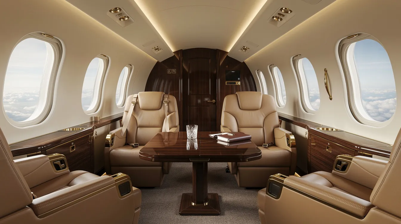 The image depicts a luxurious large private jet cabin interior, featuring plush leather seating and elegant wood accents, designed to provide a spacious environment for business travelers. This private jet offers ample space and enhanced amenities, ideal for accommodating larger groups during private jet travel.