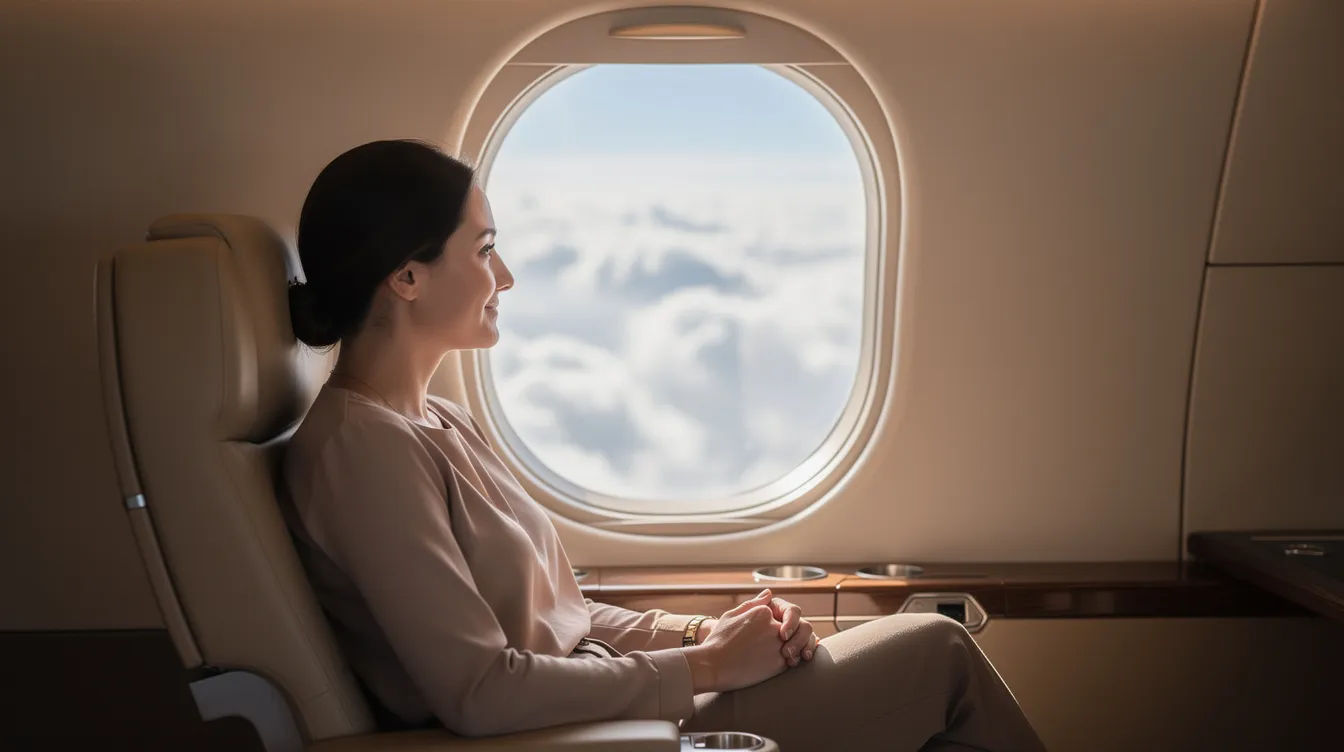 A calm passenger gazes peacefully out of a private jet window, with fluffy clouds visible in the distance, highlighting the tranquility of private aviation. This serene moment showcases the comfort and spacious cabin environments that private jets offer during travel.