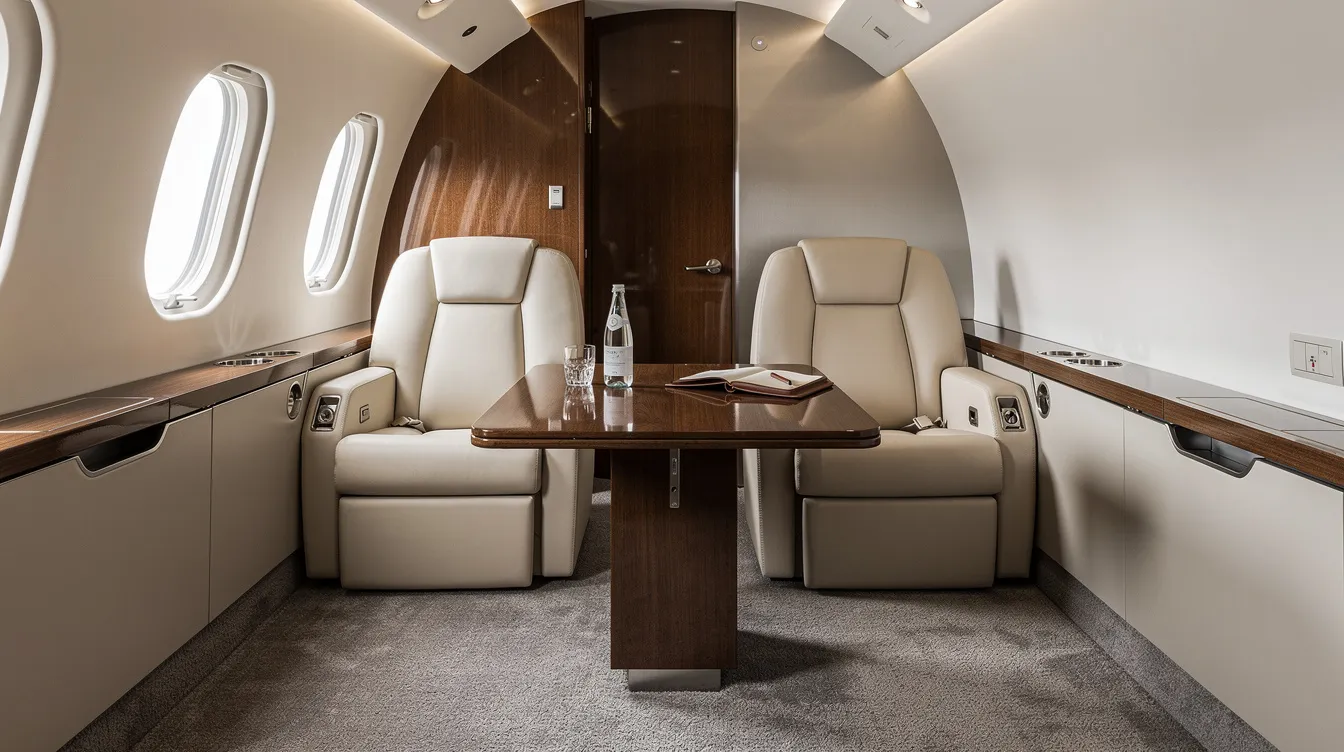 The image depicts the interior of a private jet featuring a club seating arrangement, with two sets of facing seats surrounding a central table, providing a spacious and comfortable environment ideal for business travelers or leisure trips. This design maximizes cabin space and enhances social interaction among passengers, making it perfect for larger groups or meetings during private jet travel.