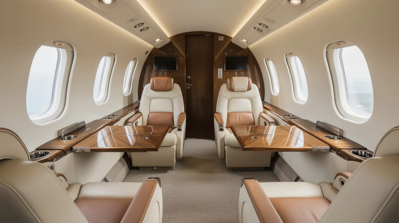 The image depicts the interior of a mid-size private jet cabin featuring luxurious leather seats arranged in a club configuration, providing comfortable seating for business travelers. This spacious cabin environment is ideal for private jet travel, allowing for an intimate setting for small groups or larger gatherings.