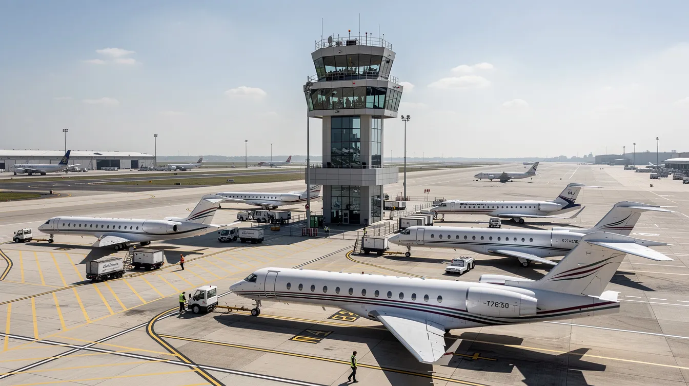 The image depicts a busy airport control tower overseeing a tarmac filled with private jets, highlighting the world of private aviation. Various types of private jets, including light and midsize jets, are parked, showcasing the convenience of private jet travel for business executives and leisure travelers alike.