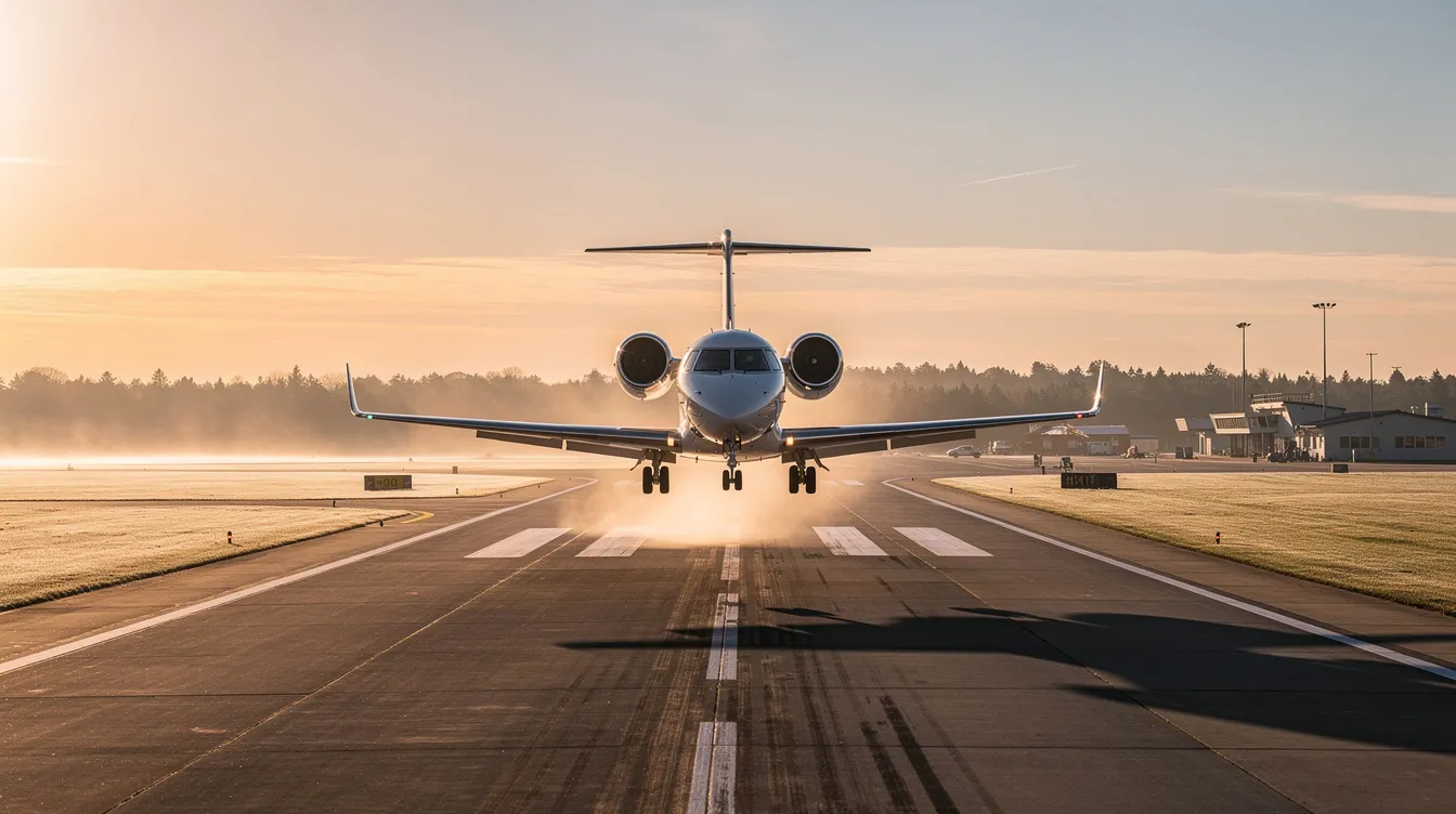 A small private jet is taking off from a regional airport runway at sunrise, showcasing the beauty of private aviation as it ascends into the sky. This scene highlights the convenience of private jet travel, providing an escape from long security lines and commercial flights.