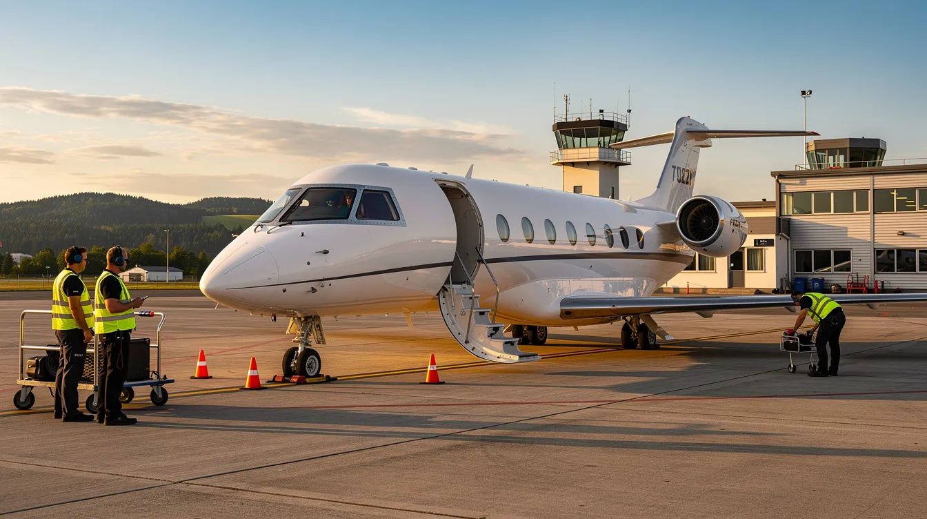 A private jet is parked at a small regional airport, with a ground crew nearby preparing for the upcoming flight. This scene highlights the convenience of private jet travel, offering a seamless experience for business travelers and leisure travelers alike, unlike commercial airlines.