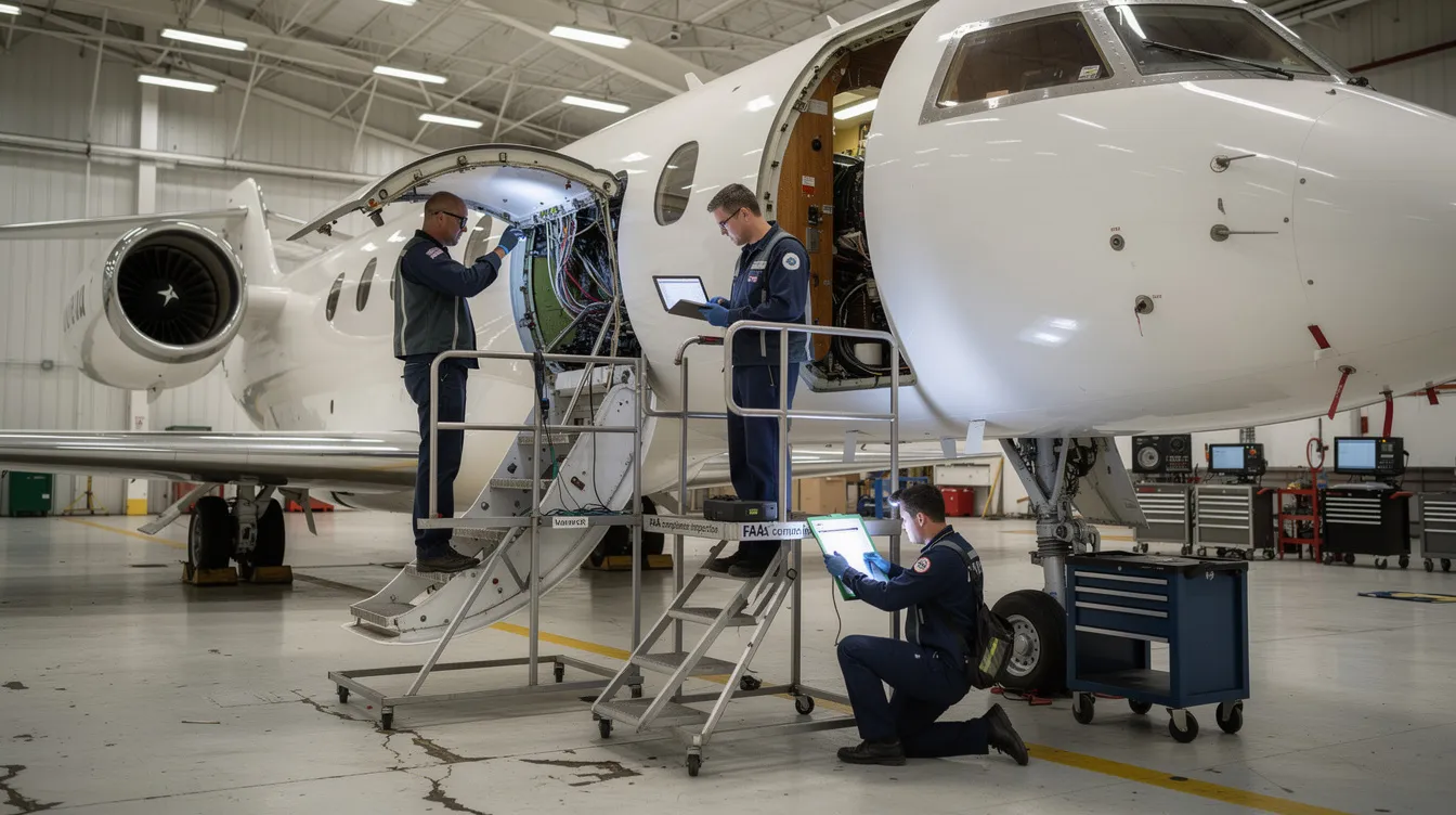 A team of aircraft mechanics is diligently inspecting the jet engines of a private jet in a bright hangar, ensuring compliance with FAA regulations and focusing on routine maintenance tasks to uphold passenger safety and aircraft reliability. The mechanics are engaged in critical systems checks as part of their proactive maintenance approach to minimize operational costs and prepare for both scheduled and unscheduled maintenance.