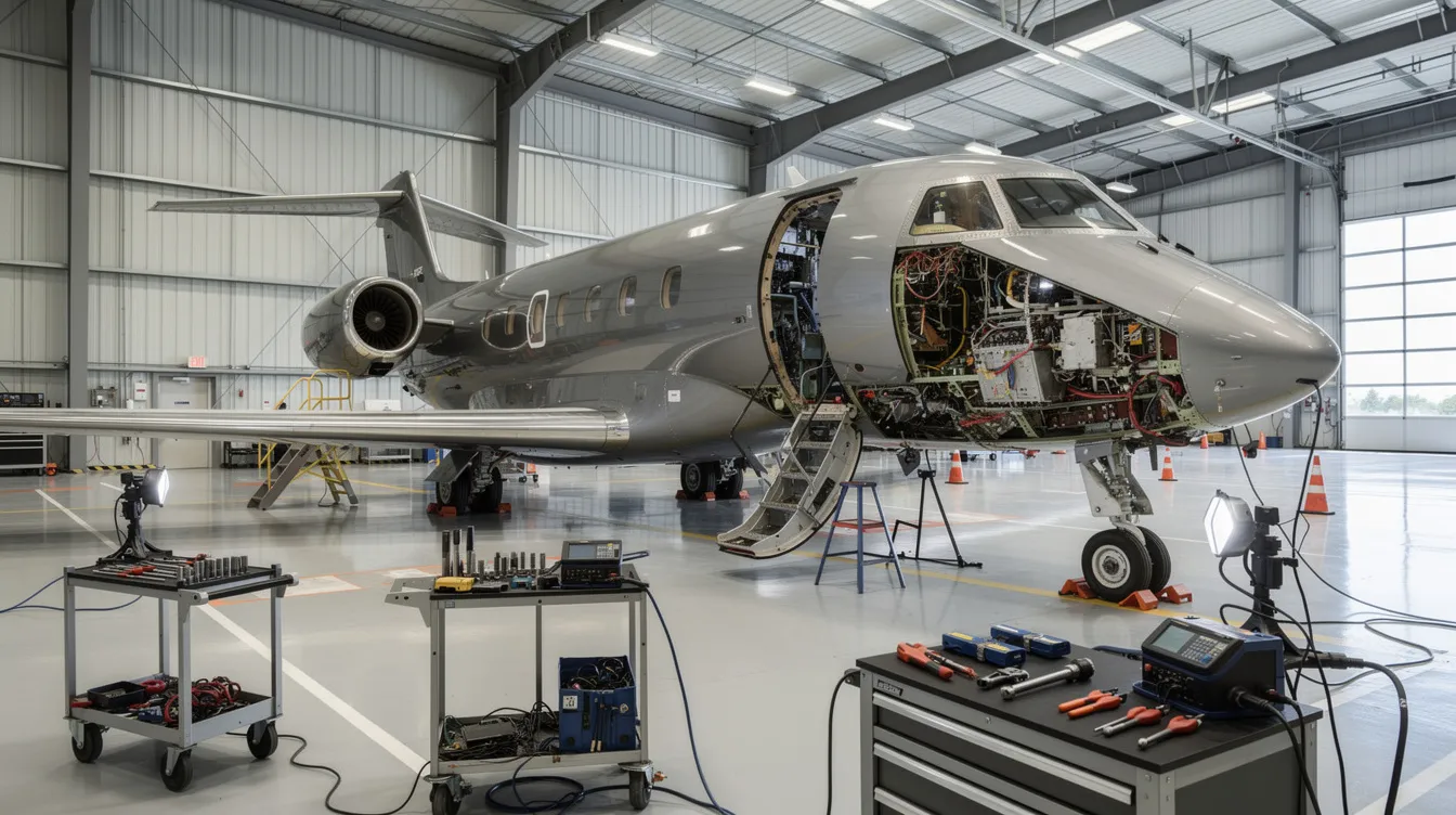 The image shows a private jet in a maintenance hangar with its access panels open, revealing various jet engines and critical systems, while specialized tools are neatly arranged nearby. This scene highlights the importance of routine inspections and proper maintenance for ensuring passenger safety and minimizing operational costs for private jet owners.