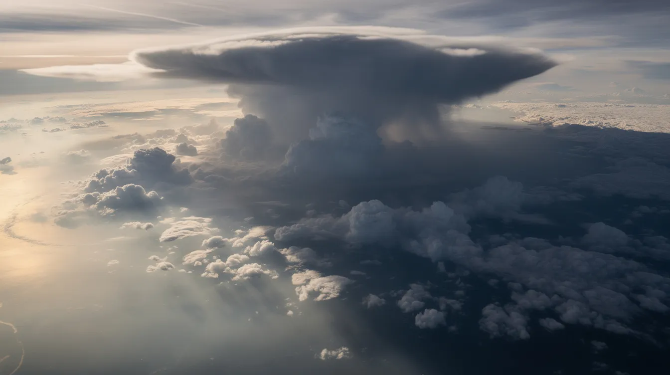The image shows storm clouds from a high altitude perspective, with rays of sunlight breaking through, creating a dramatic contrast. This view highlights the beauty of weather conditions encountered during private jet travel, emphasizing the unique experiences available when accessing private aviation.