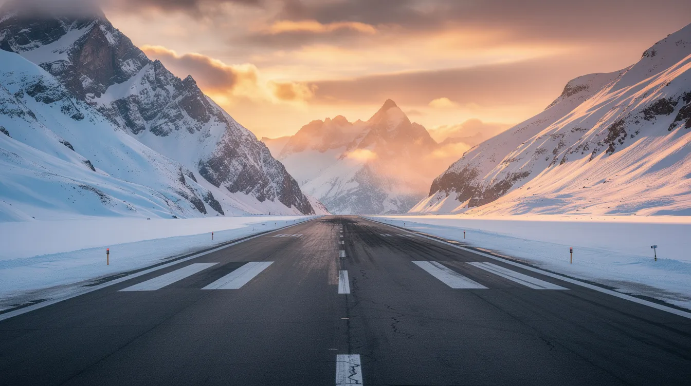 The image depicts a mountain airport runway nestled among snow-covered peaks, bathed in the warm hues of sunset. This serene scene highlights the ideal location for private jet travel, offering direct access to stunning landscapes and seamless travel experiences for passengers seeking luxury and adventure.