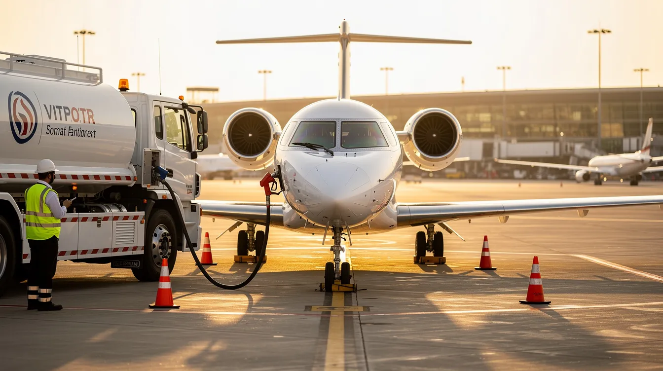 A private jet is being refueled on an airport ramp, with a fuel truck parked alongside it, highlighting the essential services that support private jet travel. This scene illustrates the convenience and efficiency of private aviation, as it prepares for its next journey.