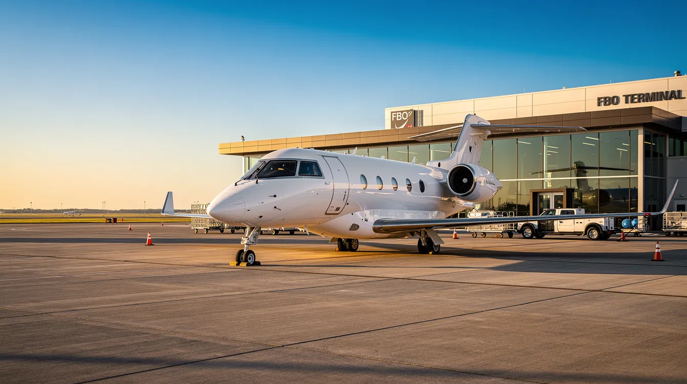 A private jet is parked at a fixed-base operator terminal on a clear morning, showcasing the luxury of private aviation amidst the bustling environment of nearby airports. The scene highlights the convenience of private flights, offering travelers a seamless alternative to commercial airlines.