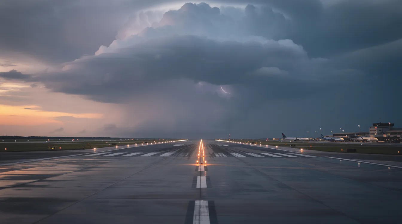 Dark storm clouds loom ominously over an airport runway at dusk, signaling potential delays for both commercial airlines and private flights. The scene captures the tension in the air travel environment as weather systems threaten to impact flight operations and safety.