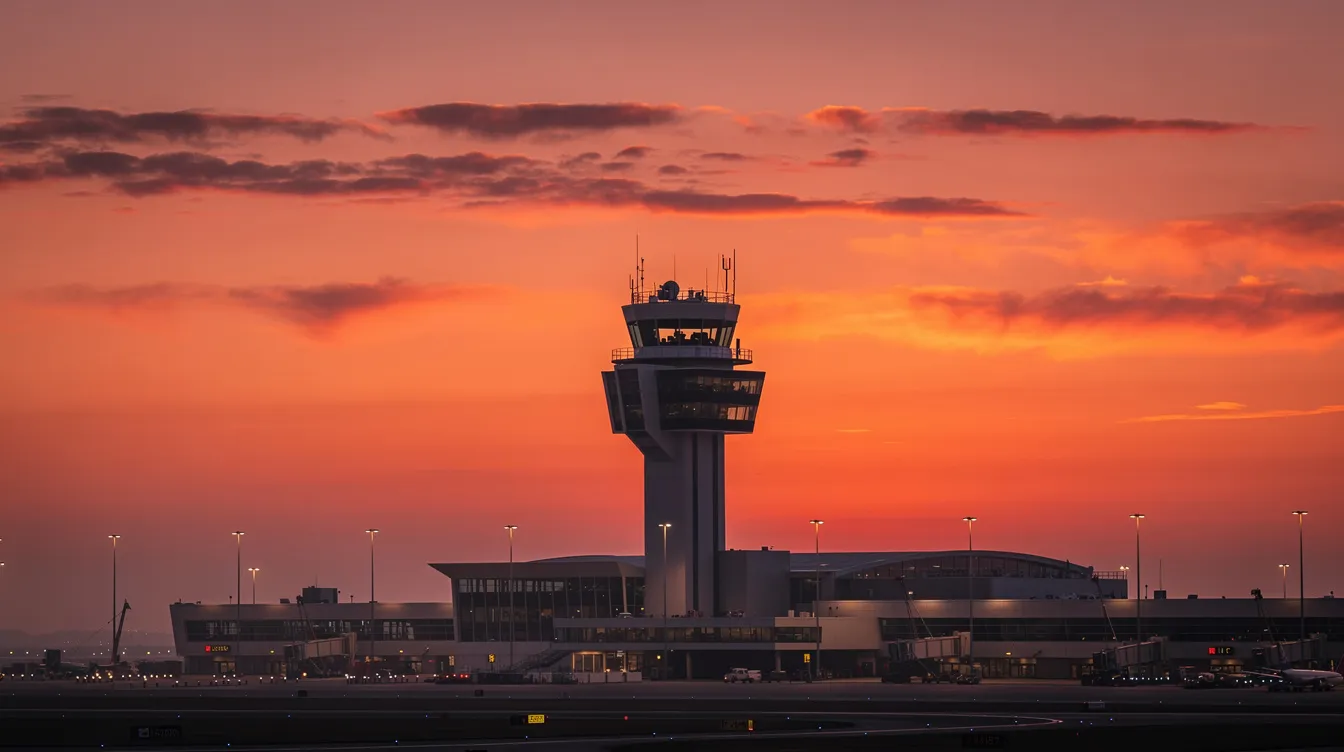 The image depicts an airport control tower silhouetted against a vibrant evening sky, symbolizing the operations and safety of business aviation. This structure stands tall, overseeing the departure and arrival of aircraft, including the fastest business jets, amidst the fading light.