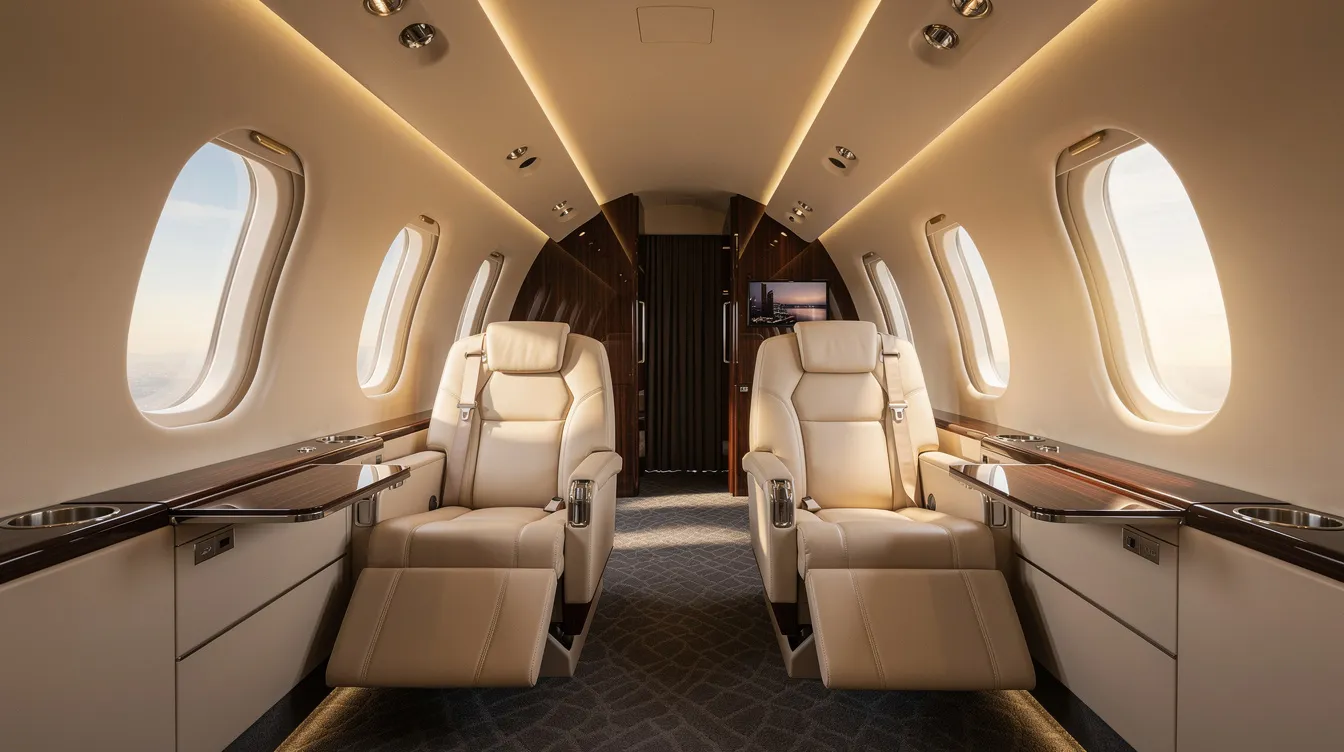 The image depicts the interior of a luxury business jet cabin, featuring plush leather seats and elegant ambient lighting that creates a sophisticated atmosphere for passengers. This stylish space is designed for comfort and efficiency, reflecting the high standards of business aviation.
