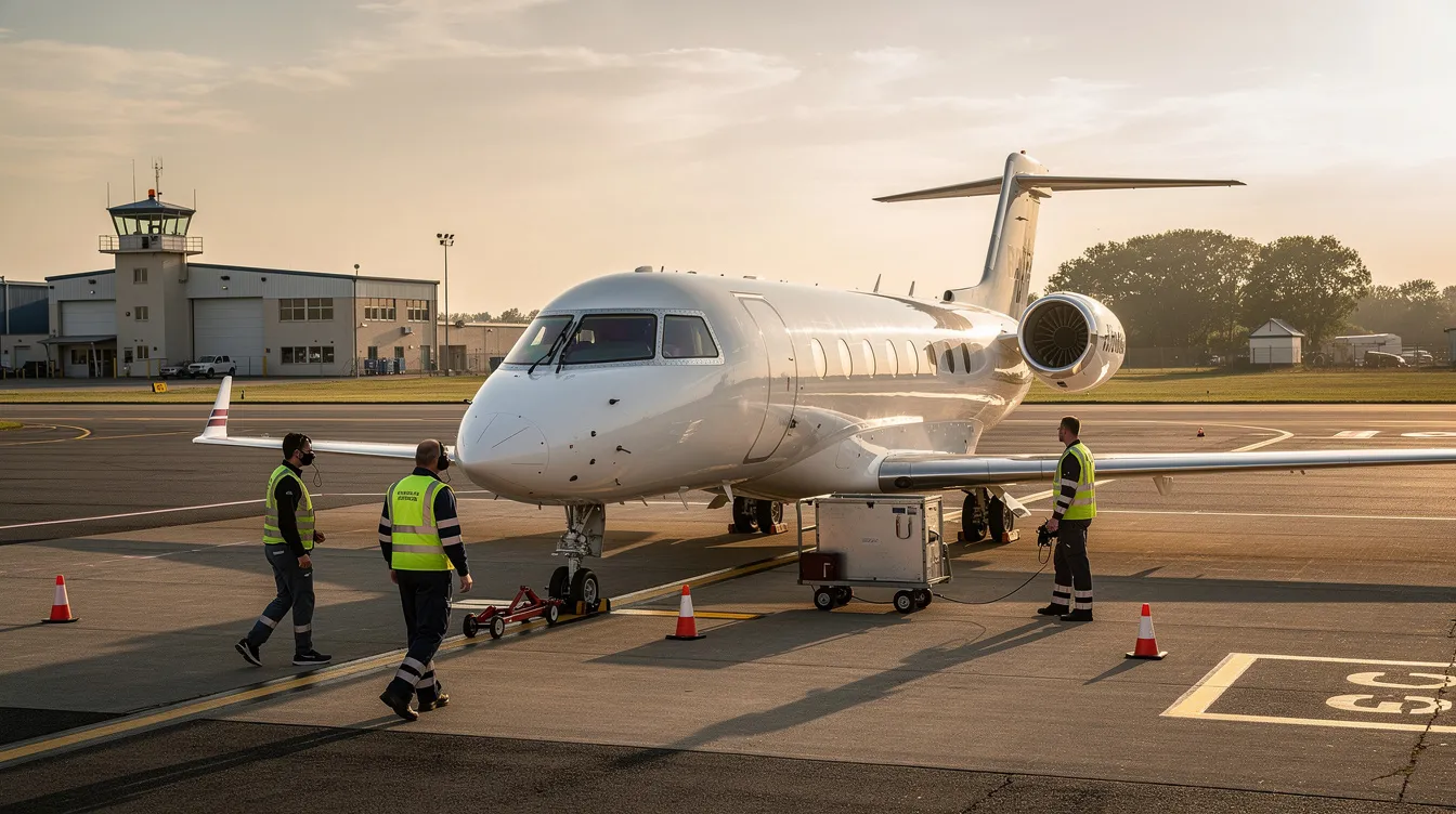 A sleek private jet is parked on the tarmac of a small regional airport, with ground crew members nearby preparing for its next charter flight. This scene highlights the world of private aviation, where tracking private jets and flight status are essential for aviation enthusiasts and professionals alike.