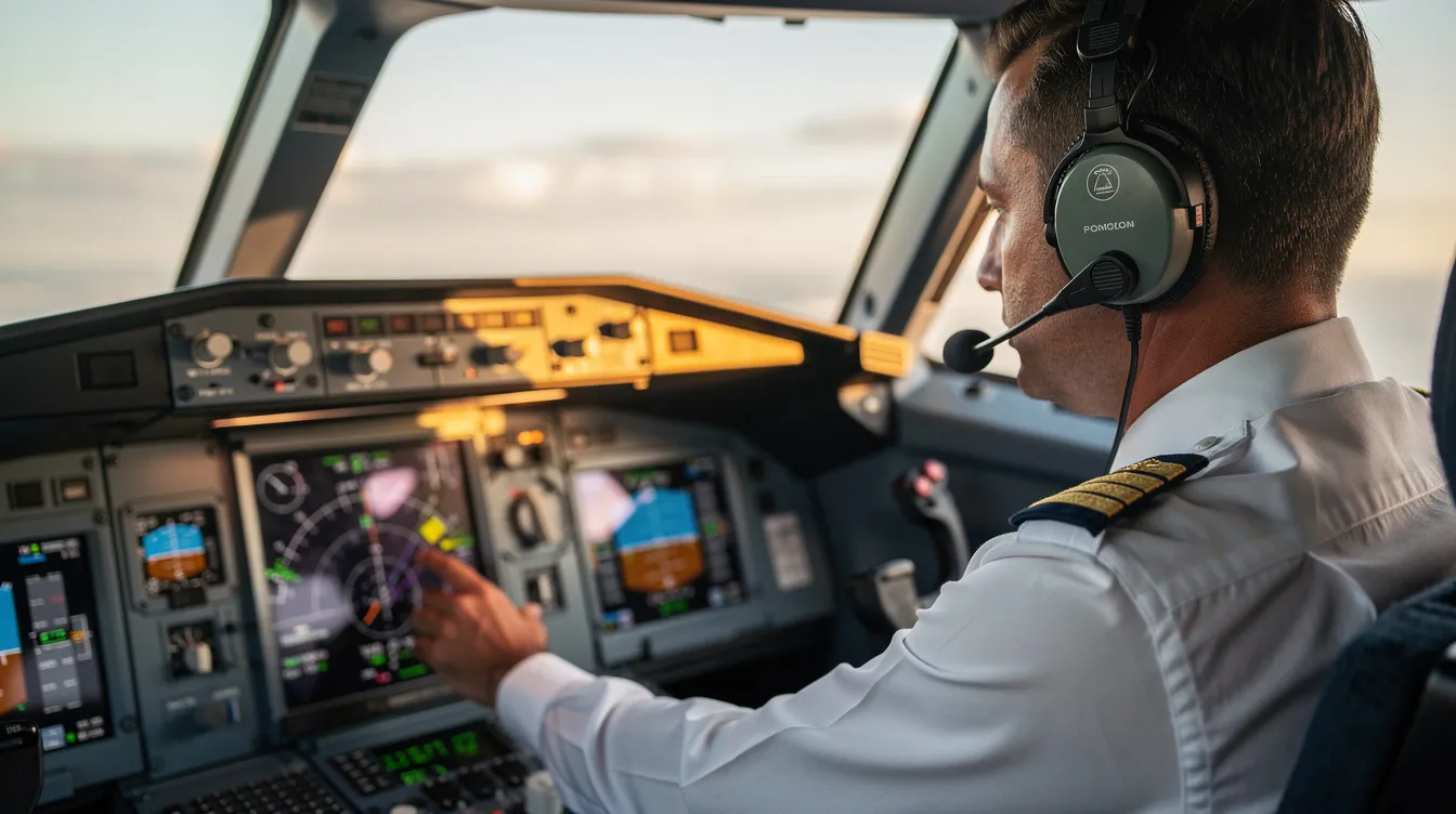 A pilot is seated in a cockpit, wearing a headset and focused on adjusting various instruments to ensure accurate flight data. This scene captures the essence of private aviation, highlighting the importance of tracking private jets and maintaining precise flight details for a successful charter flight.