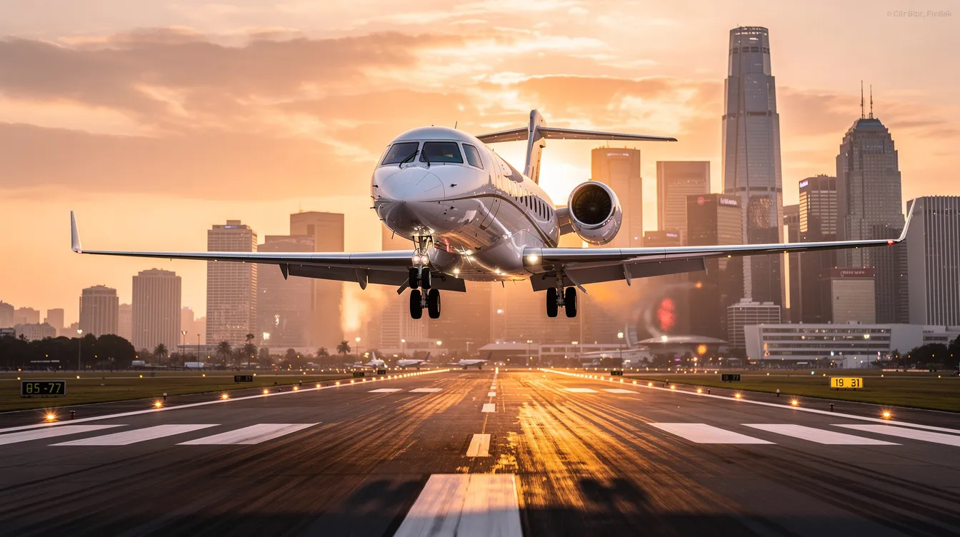 A private jet is seen approaching a runway with a vibrant city skyline in the background, showcasing the beauty of urban life intertwined with private aviation. This image captures the essence of flight tracking private jets as they prepare for landing, highlighting the aircraft's tail number and its journey through the skies.