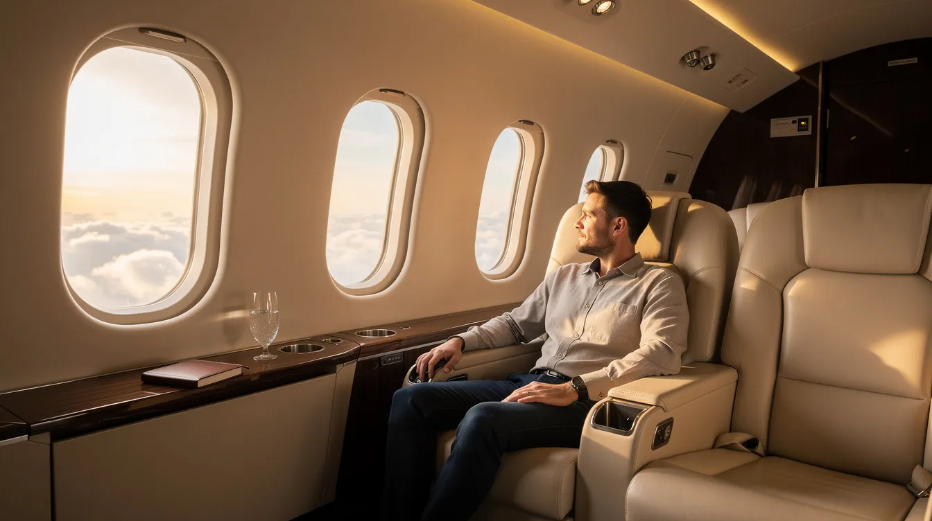 A passenger is seated comfortably in a modern private jet cabin, featuring large windows that offer expansive views. The luxurious interior emphasizes the advantages of private aviation, providing a serene environment for travelers while ensuring high safety standards.