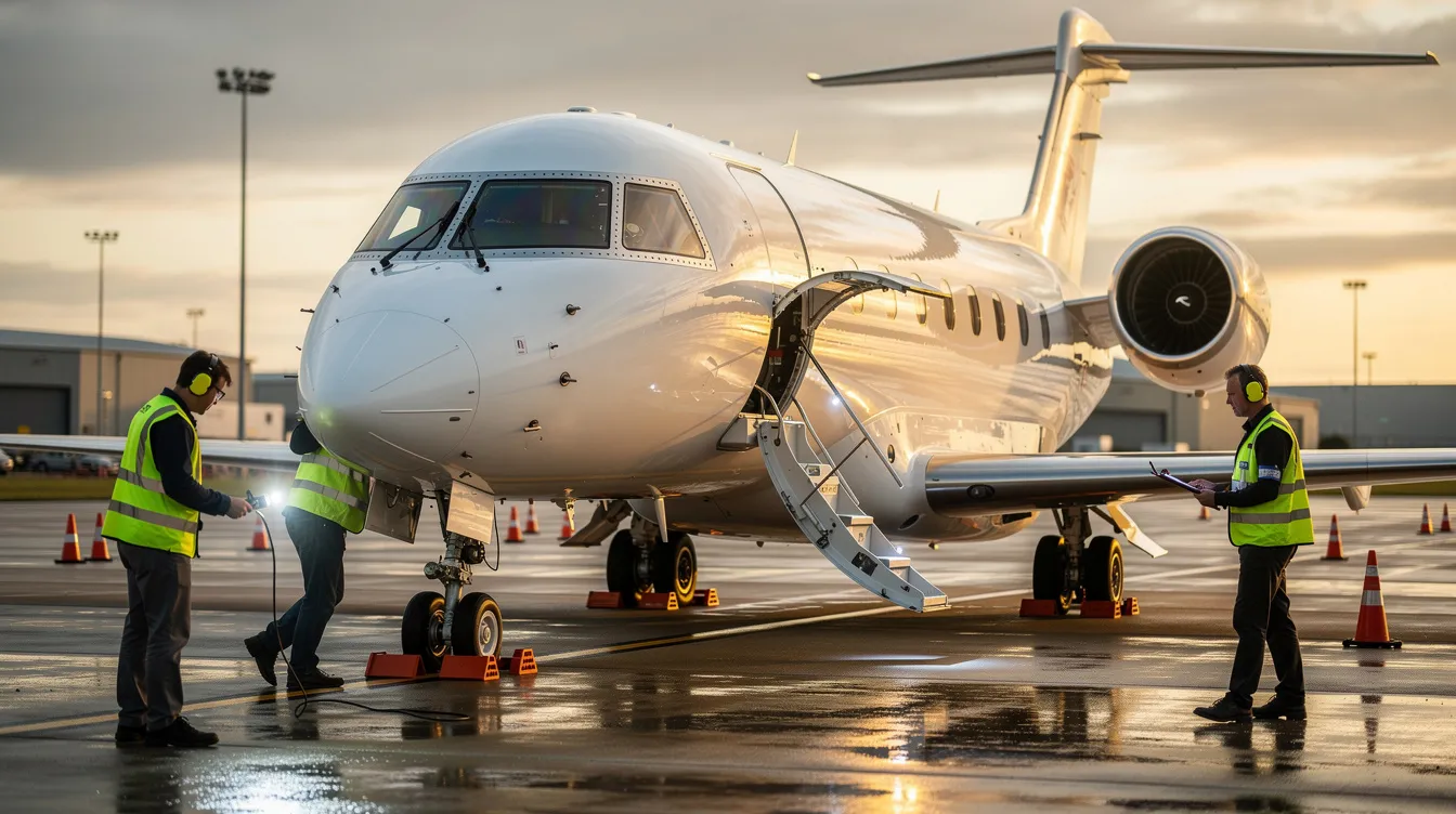 A modern business jet is parked on the tarmac while a ground crew conducts a thorough pre-flight inspection, ensuring compliance with strict safety standards. This scene highlights the meticulous aircraft maintenance and operational procedures vital for private aviation and passenger safety.