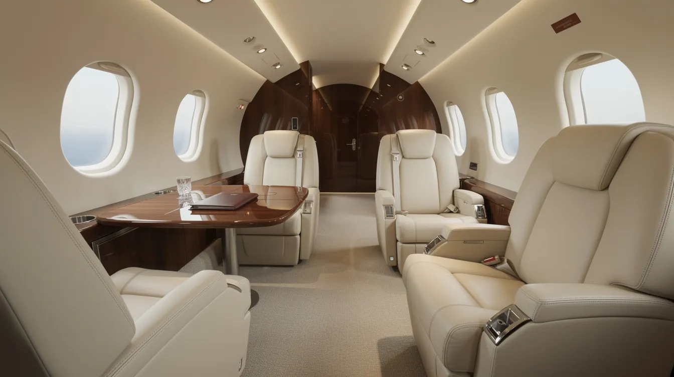 The image depicts the luxurious interior of a private jet cabin, featuring cream leather seats arranged in a club configuration around a polished wooden table, designed to enhance the client experience in private aviation. This elegant space emphasizes comfort and sophistication, providing passengers with an exceptional environment for their journey.