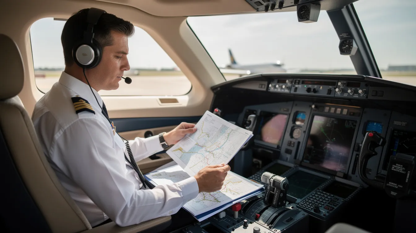 A private pilot sits in the cockpit of a private jet, carefully reviewing weather data to ensure a safe and efficient flight for clients. This proactive communication reflects the exceptional customer service that is a hallmark of the private aviation sector, enhancing the overall client experience.
