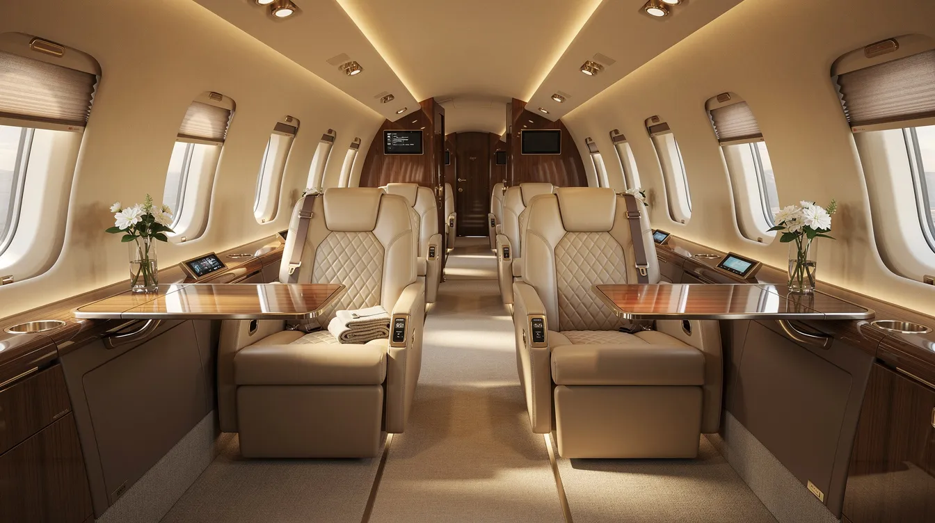The image showcases a luxurious private jet cabin featuring lie-flat leather seats and warm ambient lighting, designed to enhance the private jet travel experience. This elegant interior reflects the exceptional customer service and comfort that flying private offers, ensuring a memorable journey for all passengers.