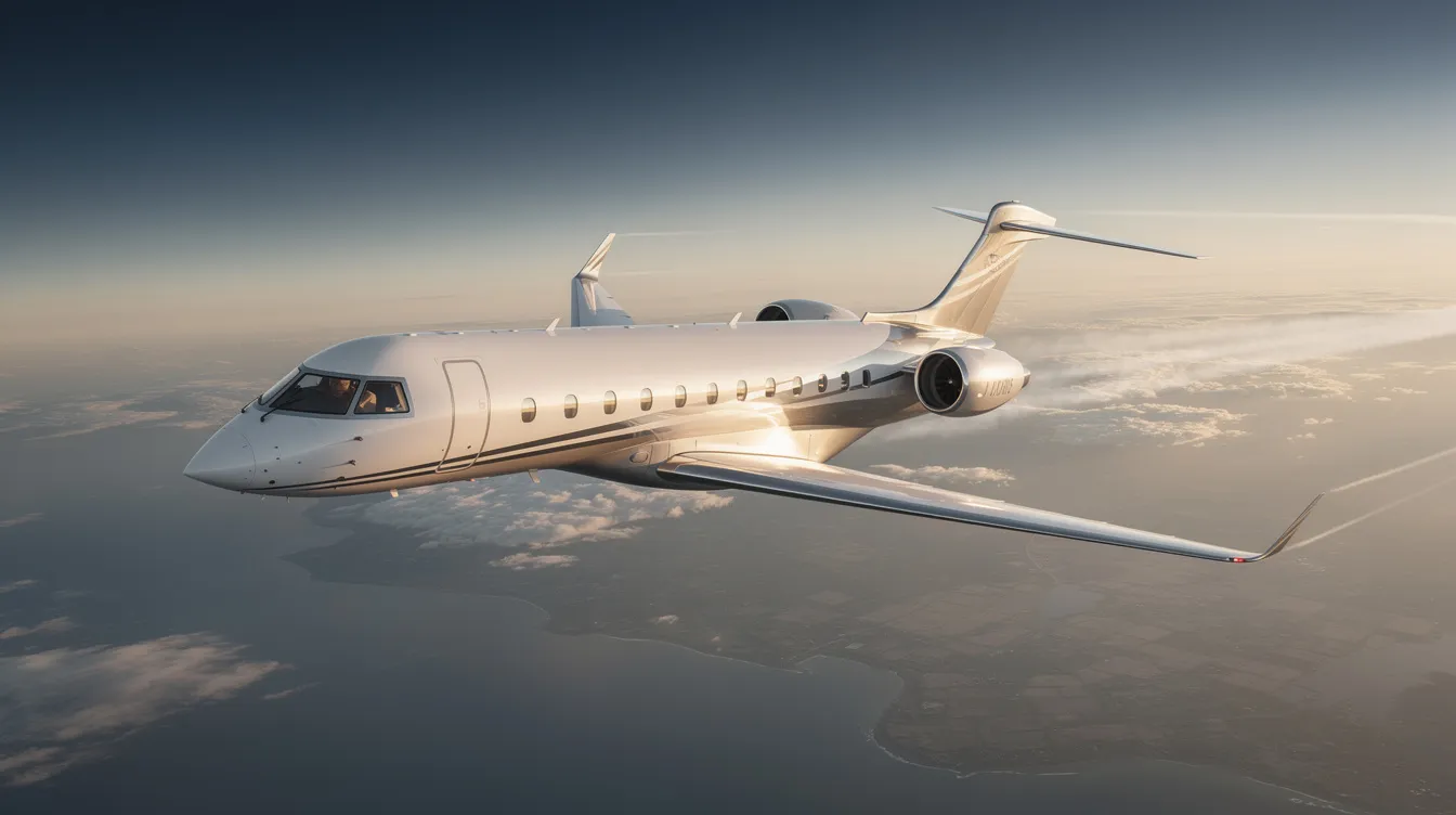 A sleek private jet is soaring through the sky, representing the epitome of luxury and convenience in international travel. This heavy jet is designed for comfort and efficiency, offering passengers a top-notch flying experience as they embark on their journey to various global destinations.
