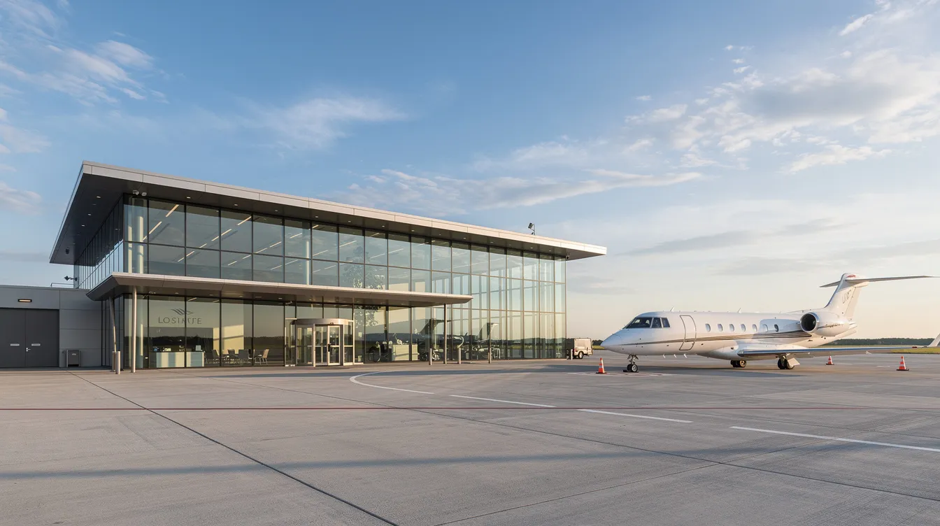 The image depicts a sleek private aviation terminal building featuring a modern glass facade, with a small private jet parked on the tarmac, illustrating the convenience and efficiency of private travel for business travelers. This setting emphasizes the advantages of private aviation over commercial flights, highlighting the luxury and personal service offered to clients.