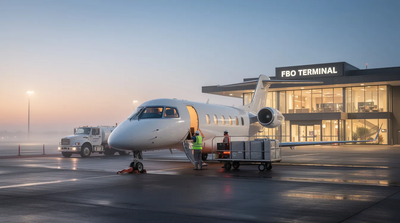 A small private jet is parked at an FBO terminal during the early morning hours, with ground crew preparing for departure. This scene highlights the efficiency and convenience of private aviation for business travelers, ensuring a seamless experience before their flight.